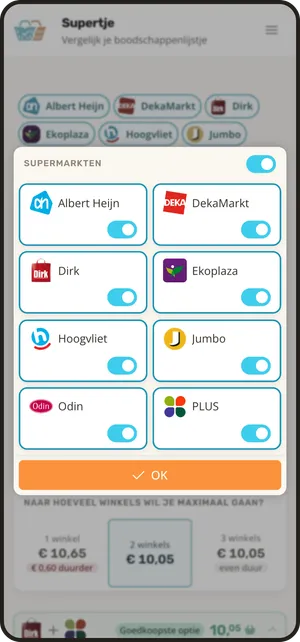 Het scherm van de Supertje-app waarin je supermarkten aan- of uitzet
