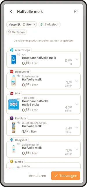 Zoekresultaten in de Supertje-app, met per winkel de goedkoopste variant geselecteerd